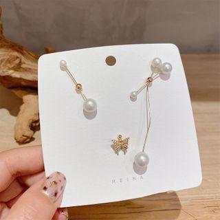 Set Of 3: Faux Pearl Earring Set Of 3 - Silver Needle - Gold - One Size