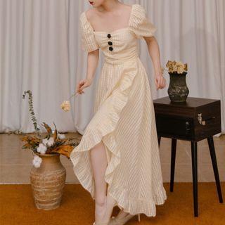 Short-sleeve Asymmetrical Ruffle Trim Midi A-line Dress