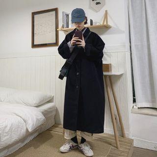Plain Single-breasted Coat Navy Blue - One Size