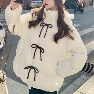 Bow Accent Padded Hooded Zip-up Jacket