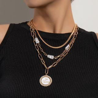 Disc Pendant Faux Pearl Layered Alloy Necklace