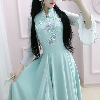 Mandarin Collar Floral Embroidered 3/4-sleeve Midi A-line Dress