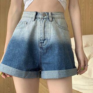 High-waist Gradient Wide-leg Denim Shorts