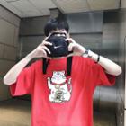 Fortune Cat Print Elbow Sleeve T-shirt