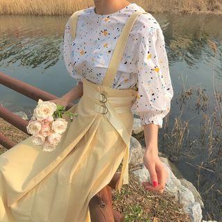Printed Elbow-sleeve Top / High Waist Midi Suspender Skirt