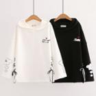 Cat Embroidered Lace Up Hoodie