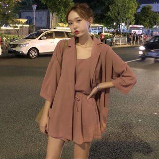 Set: Plain Camisole Top + Shorts + 3/4-sleeve Blazer