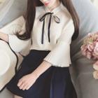 Bow Accent Pleated Trim 3/4 Sleeve Chiffon Blouse