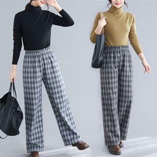 Long-sleeve Turtle-neck Knit Top / Plaid Wide-leg Pants / Set