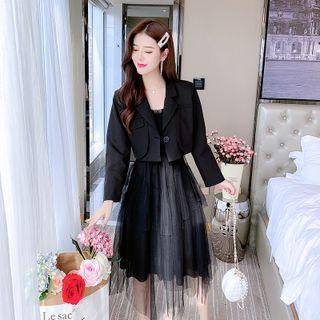 Sleeveless Mesh A-line Dress / One Button Cropped Blazer