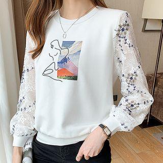 Puff-sleeve Floral Embroidered Sweatshirt