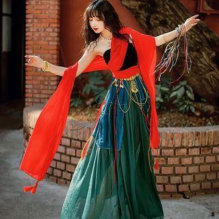 Sleeveless Top / Tiered Maxi Skirt / Headscarf / Belt / Set