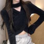 Choker-neck Cutout Ribbed Sweater