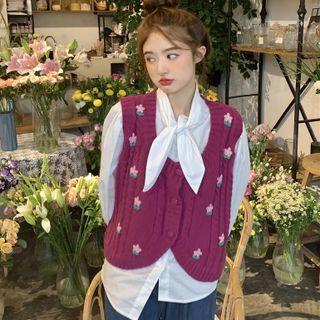 Embroidered Button-up Knit Vest / Tie-strap Shirt / Peter Pan-collar Shirt