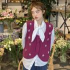 Embroidered Button-up Knit Vest / Tie-strap Shirt / Peter Pan-collar Shirt