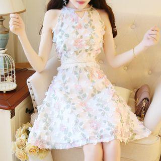 Sleeveless Beaded Flower Accent A-line Dress
