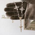 Faux Pearl Rhinestone Cross Pendant Necklace Necklace - Cross - Matte Gold - One Size