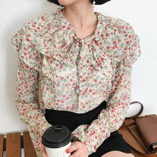 Tie-neck Frill-shoulder Floral Chiffon Blouse