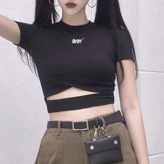 Lettering Cut-out Short-sleeve Crop Top