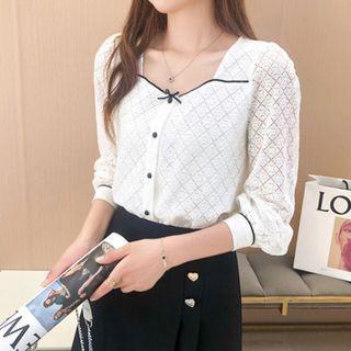 Lantern-sleeve Contrast Trim Blouse