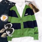 Long-sleeve Striped Knit Cardigan Stripe - Green - One Size