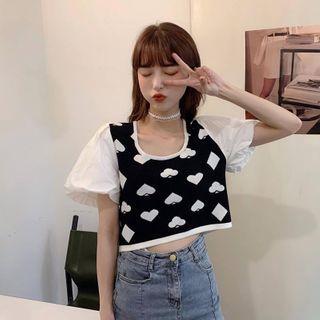 Puff-sleeve Printed Cropped Top As Shown In Figure - One Size
