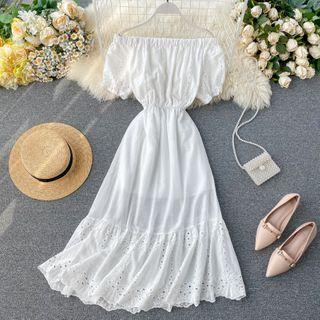 Short-sleeve Perforated A-line Dress White - One Size