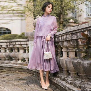 Set: Open Back Midi Spaghetti Strap Dress + Lace Panel Long-sleeve Hanfu Top