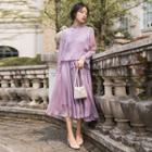 Set: Open Back Midi Spaghetti Strap Dress + Lace Panel Long-sleeve Hanfu Top