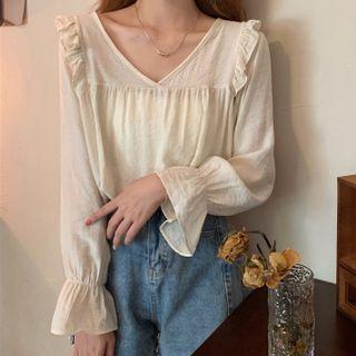 Ruffle V-neck Long-sleeve Shirt