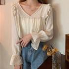 Ruffle V-neck Long-sleeve Shirt