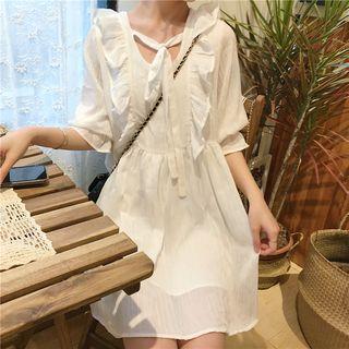 Frilled Trim V-neck Lace-up A-line Dress