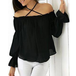 Long-sleeve Off-shoulder Plain Top