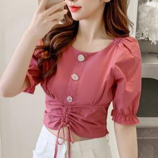 Drawstring Elbow Sleeve Crop Top