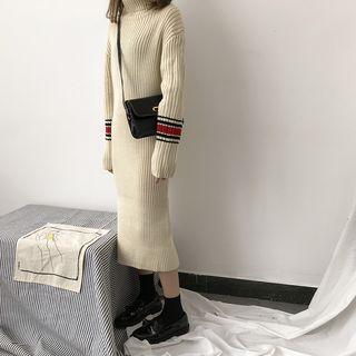 Turtleneck Striped Trim Long-sleeve Midi Knit Dress