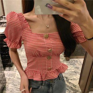 Puff-sleeve Plaid Button Ruffled Blouse