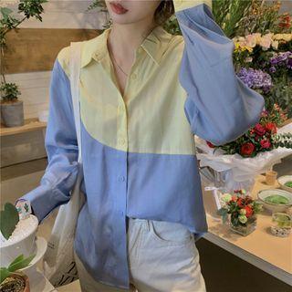 Long-sleeve Color Block Shirt Yellow & Blue - One Size