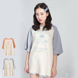 Cartoon Print Elbow-sleeve Raglan T-shirt
