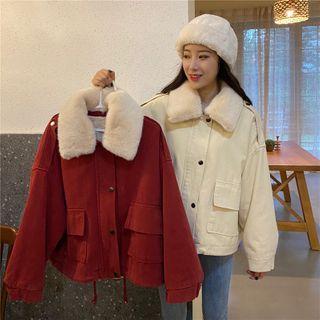 Fleece-lined Zip-up Jacket Wine Red - One Size