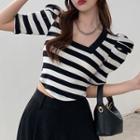 Square Neck Striped Knit Crop Top