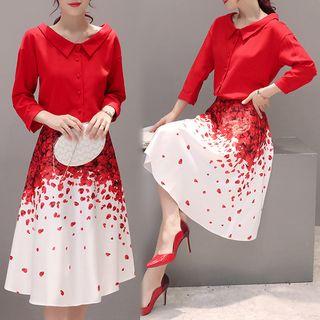 Set: Long-sleeve Blouse + Print Midi Skirt