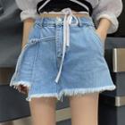Balloon-sleeve Cropped Blouse / Ripped A-line Denim Skirt