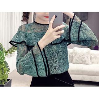 Contrast Trim Bell-sleeve Lace Blouse