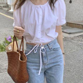 Short Sleeve Round Neck Button-up Drawstring Top White - One Size
