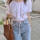 Short Sleeve Round Neck Button-up Drawstring Top White - One Size