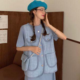 Plaid Vest + Pearl Chain Crossbody Bag
