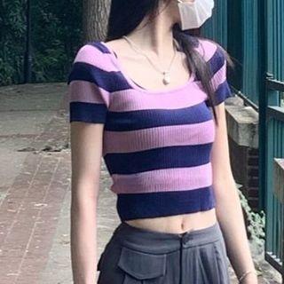 Short-sleeve Striped T-shirt Purple & Dark Blue - One Size