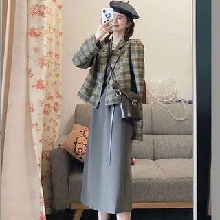 Puff Sleeve Double Breasted Plaid Cropped Blazer