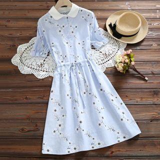 Short-sleeve Floral Drawstring A-line Dress