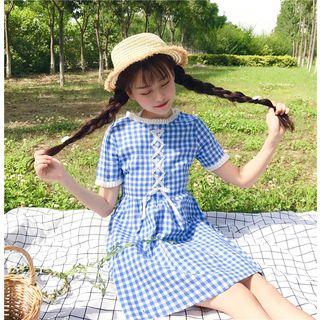 Lace Up Front Plaid Elbow Sleeve Shirt Dress